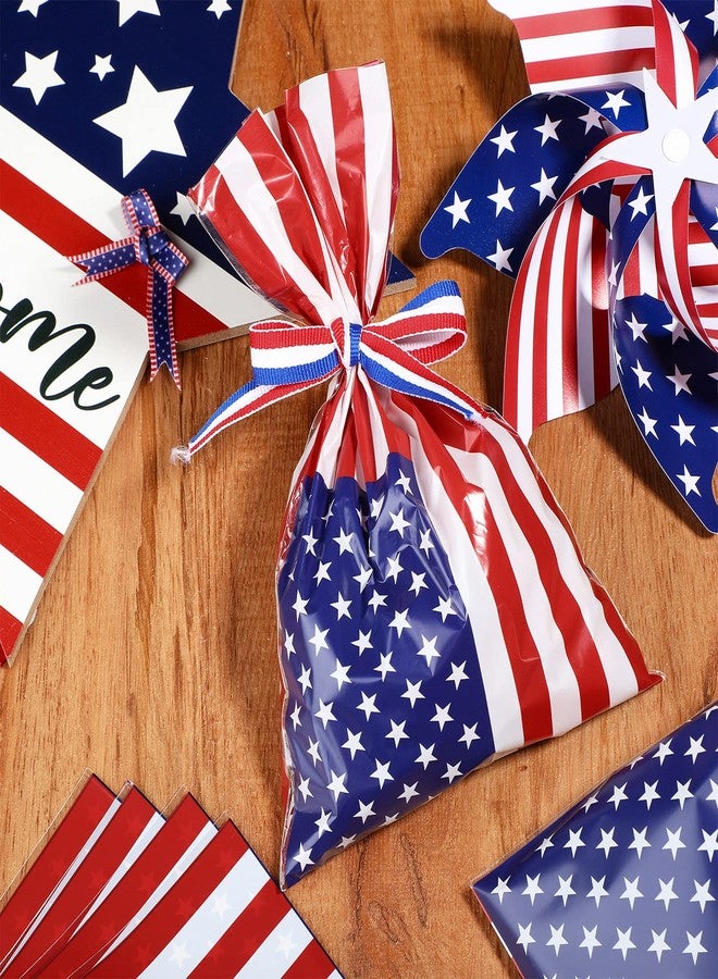 Tenare 100 Pcs Patriotic Gift Cellophane Bags Bulk Plastic Red White Blue American Favor Flag Cellophane Bags 4th of July Treat Goodie Candy Pouches with Ribbon for Veterans Party Favors - Image 5